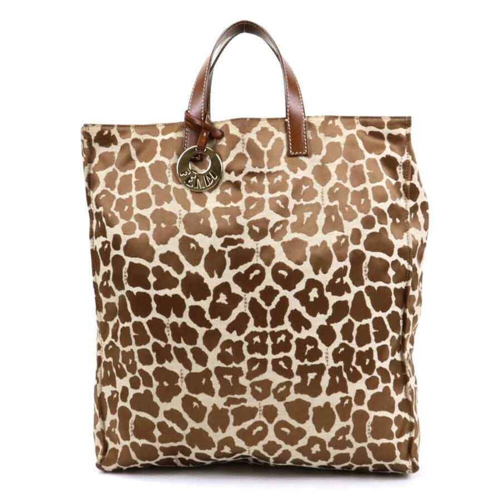 Fendi tote bag leopard canvas satin leather brown beige